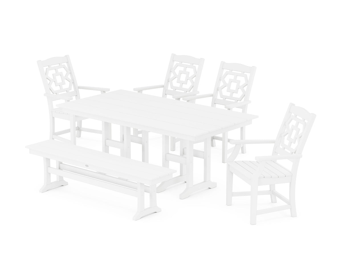POLYWOOD Chinoiserie 6-Piece Farmhouse Dining Set with Bench in White