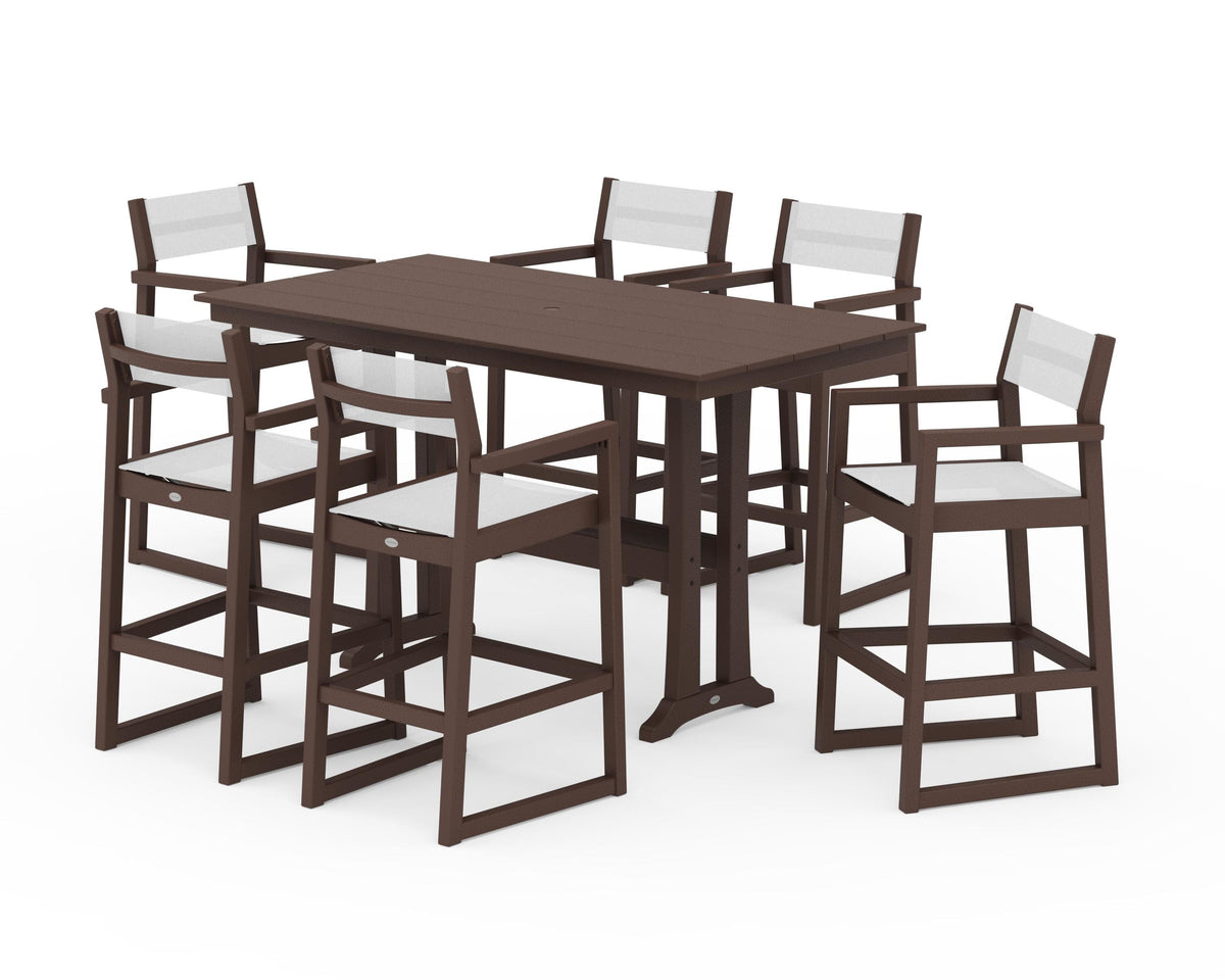 POLYWOOD EDGE Sling Arm Chair 7-Piece Farmhouse Bar Set with Trestle Legs in Mahogany / White