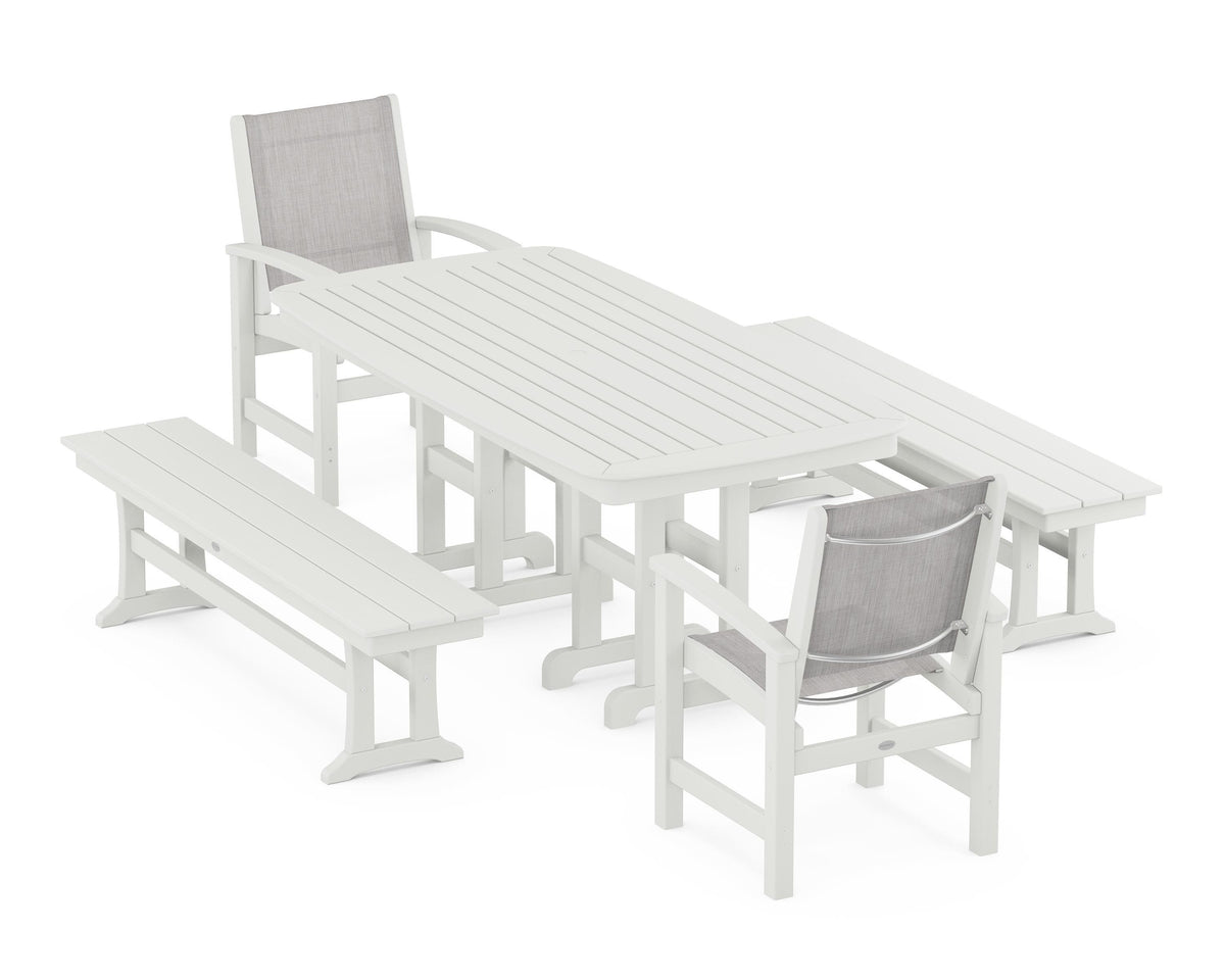 POLYWOOD Coastal 5-Piece Dining Set with Nautical 37" x 72" Dining Table in Vintage White / Parchment