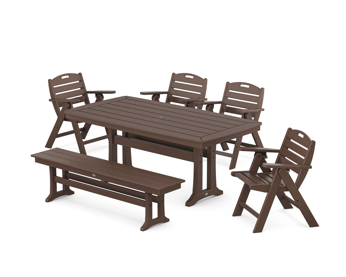 POLYWOOD Nautical Lowback 6-Piece Dining Set with Trestle Legs and Bench in Mahogany