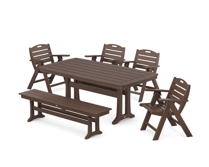 POLYWOOD Nautical Lowback 6-Piece Dining Set with Trestle Legs and Bench in Mahogany
