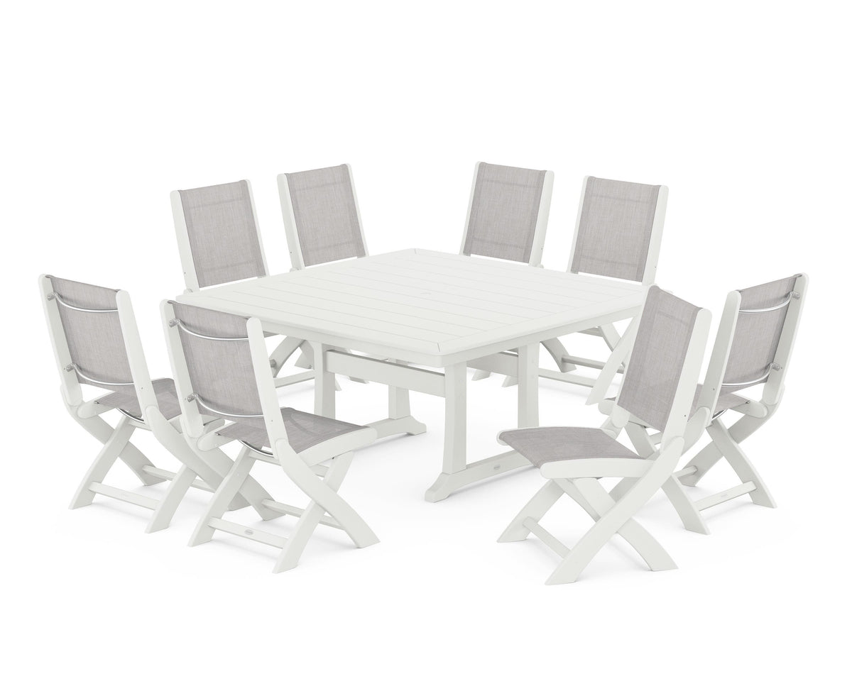 POLYWOOD Coastal Folding Side Chair 9-Piece Dining Set with Trestle Legs in Vintage White / Parchment