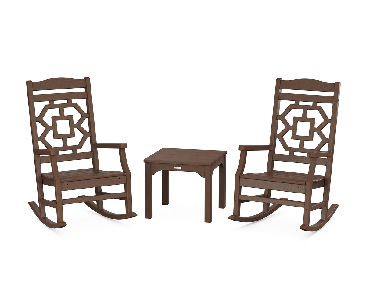 POLYWOOD Chinoiserie 3-Piece Rocking Chair Set in Mahogany
