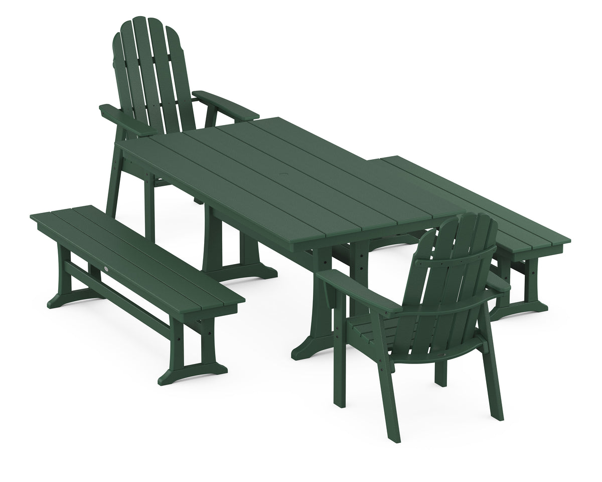 POLYWOOD Vineyard Adirondack 5-Piece Farmhouse Dining Set with Trestle Legs - 37" x 72" Table in Green