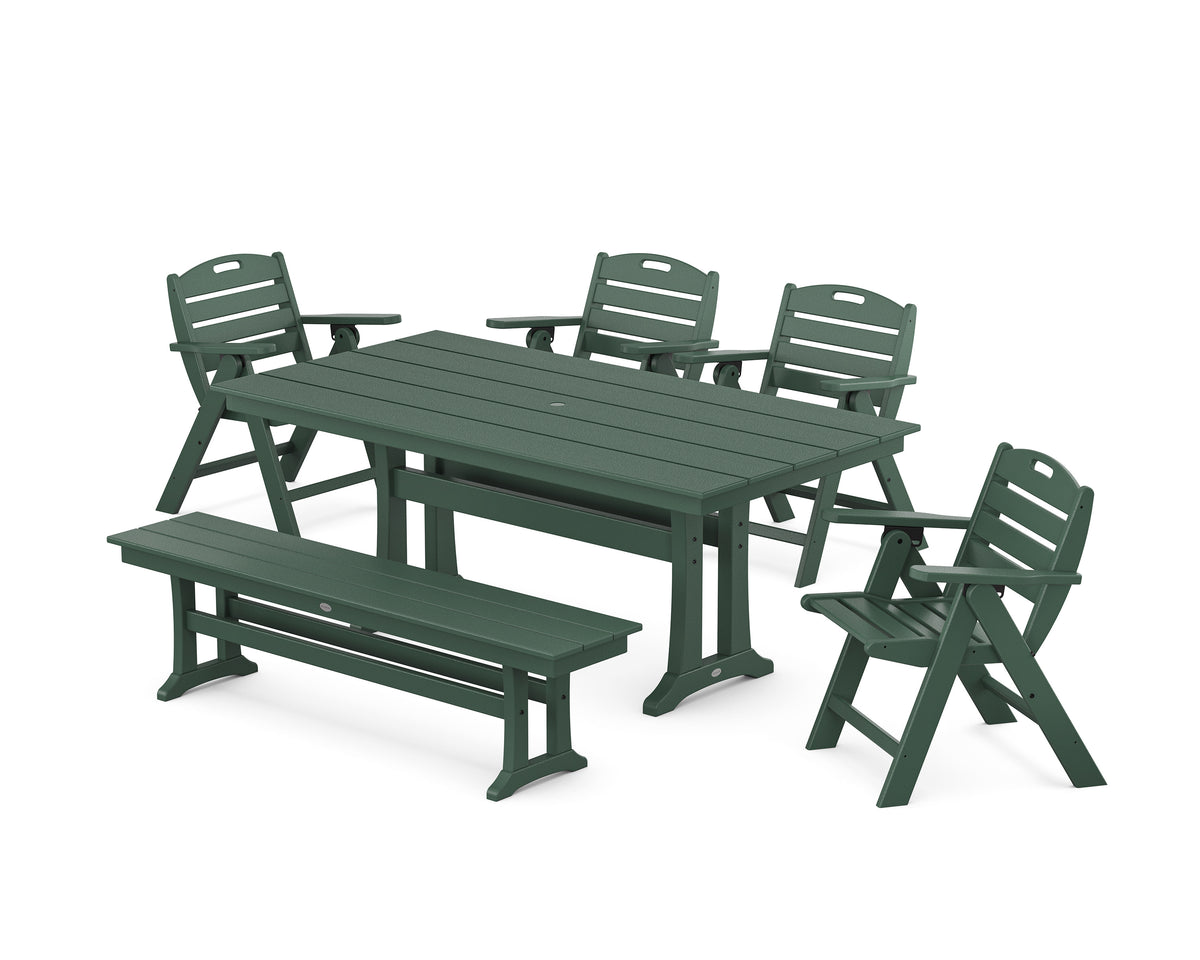 POLYWOOD Nautical Lowback 6-Piece Farmhouse Dining Set with Trestle Legs and Bench in Green