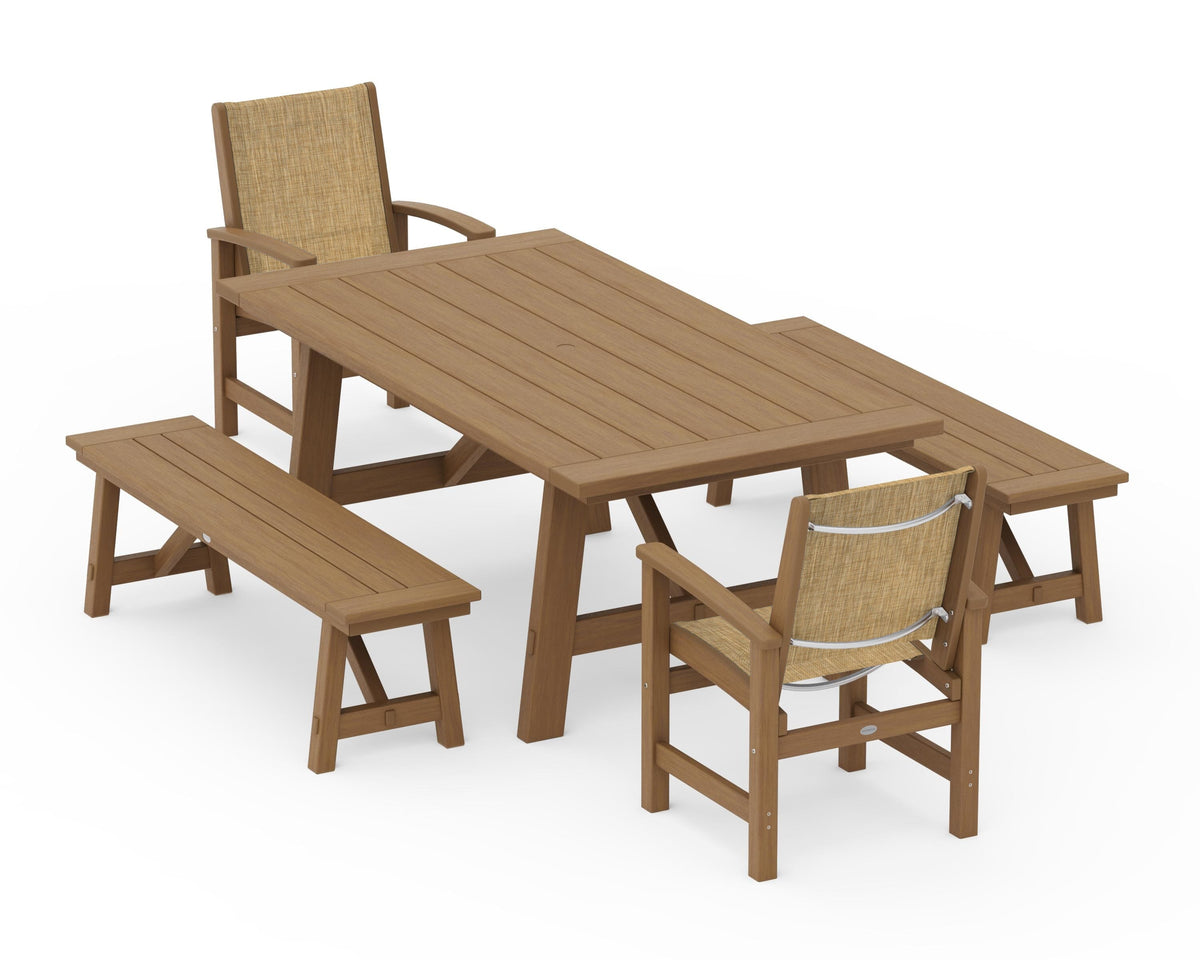 POLYWOOD Coastal 5-Piece Rustic Farmhouse Dining Set With Benches in Natural / Burlap