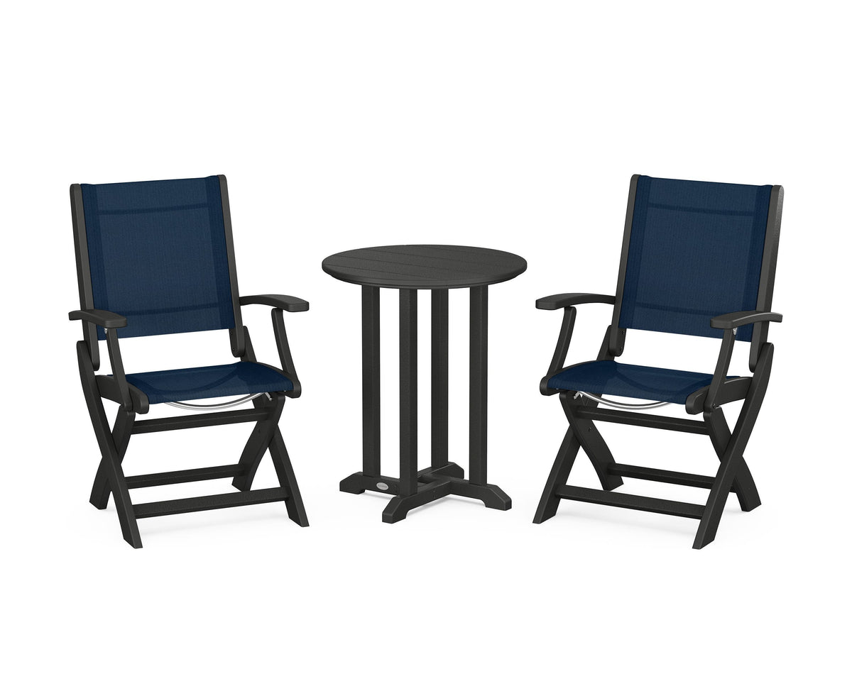 POLYWOOD Coastal Folding 3-Piece Round Bistro Dining Set in Black / Navy Blue