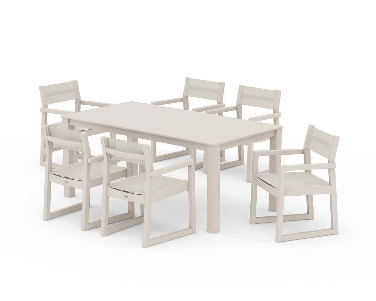 POLYWOOD EDGE Sling Arm Chair 7-Piece Parsons Dining Set in Sand / Parchment