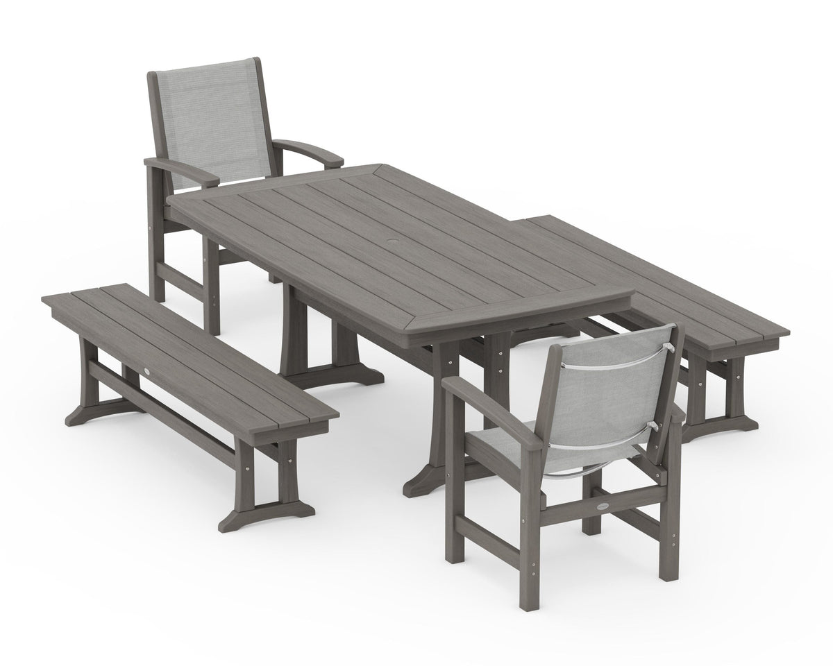 POLYWOOD Coastal 5-Piece Dining Set with Trestle Legs and Benches in Driftwood / Metallic