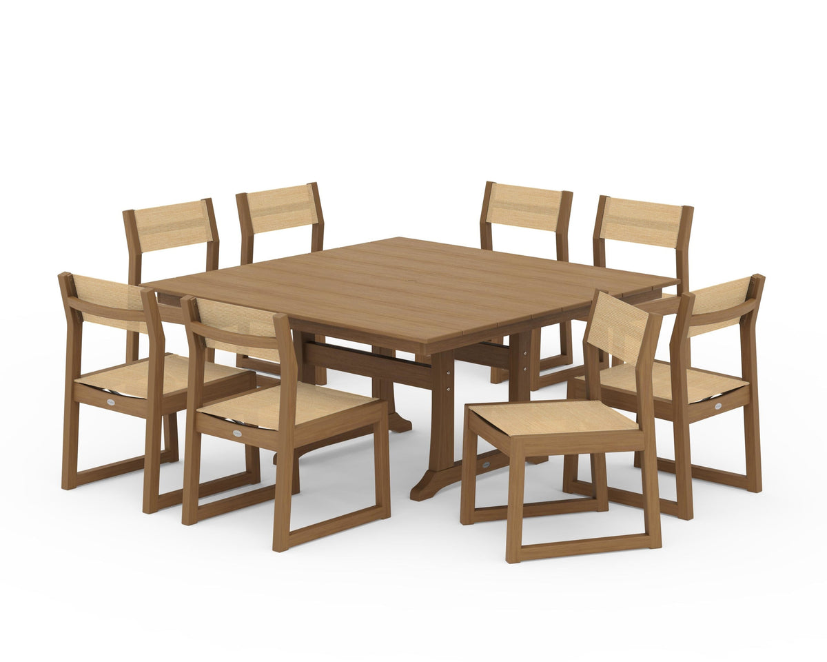 POLYWOOD EDGE Sling Side Chair 9-Piece Farmhouse Trestle Dining Set in Natural / Dupioni Apricot
