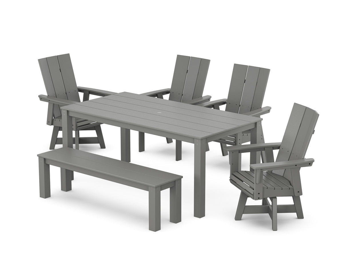 POLYWOOD Modern Curveback Adirondack 6-Piece Parsons Swivel Dining Set with Bench in Slate Grey