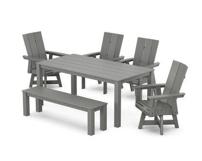 POLYWOOD Modern Curveback Adirondack 6-Piece Parsons Swivel Dining Set with Bench in Slate Grey
