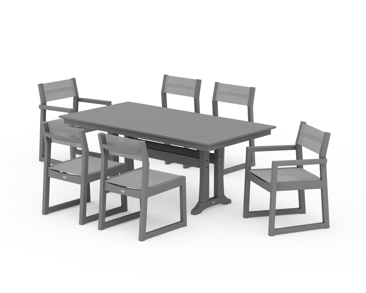 POLYWOOD EDGE Sling 7-Piece Farmhouse Trestle Dining Set in Slate Grey / Metallic
