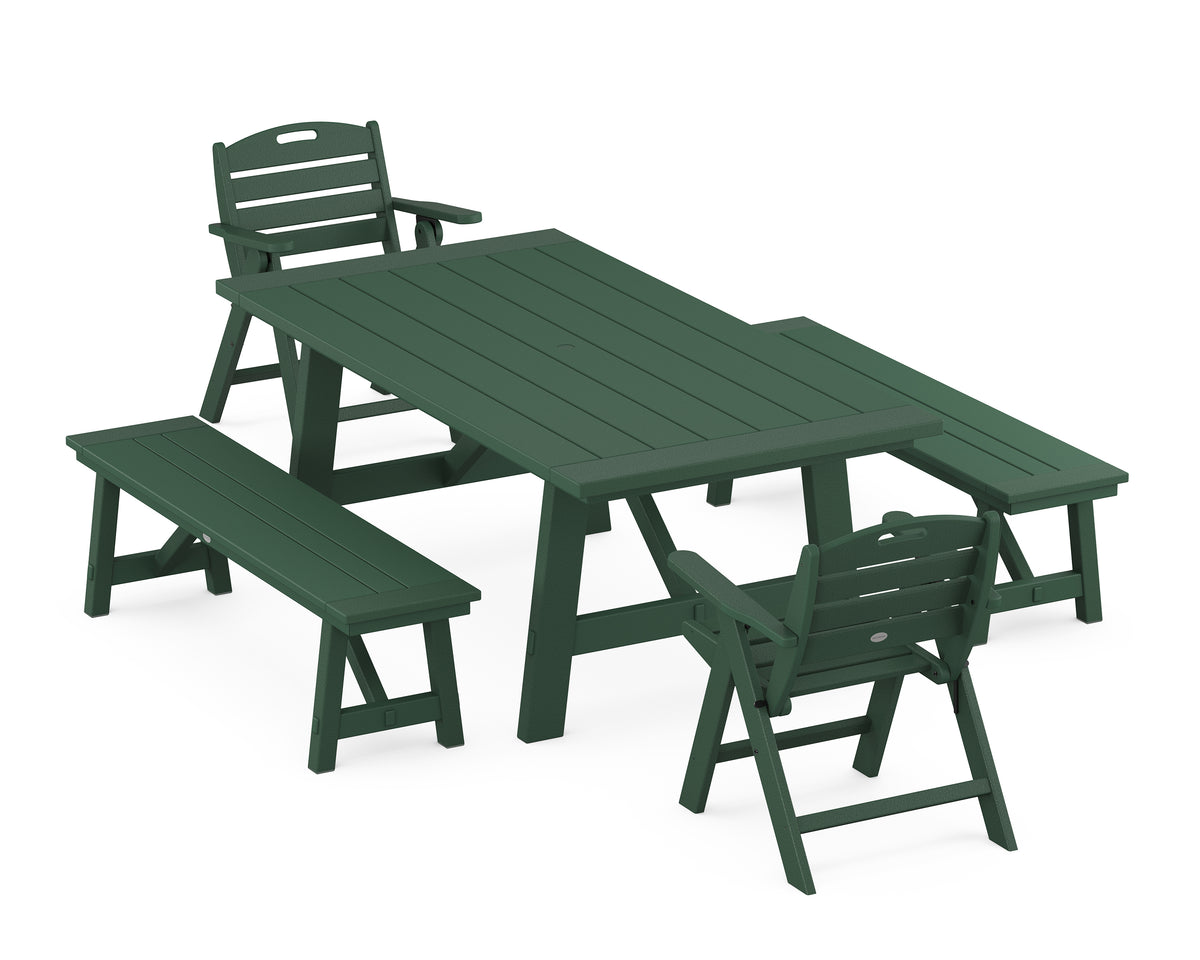 POLYWOOD Nautical Folding Lowback Chair 5-Piece Rustic Farmhouse Dining Set with Benches in Green