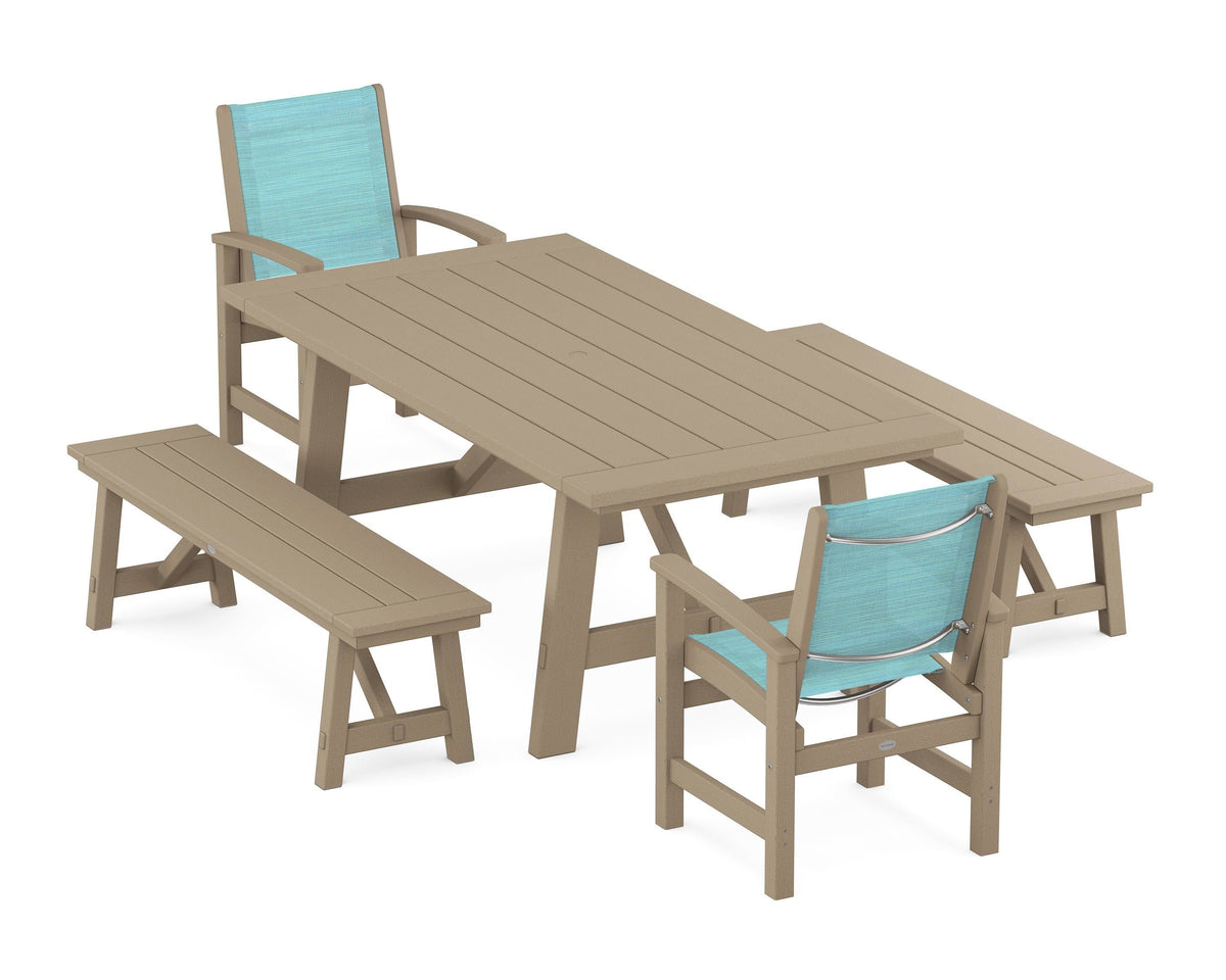 POLYWOOD Coastal 5-Piece Rustic Farmhouse Dining Set With Benches in Vintage Sahara / Dupioni Aquamarine