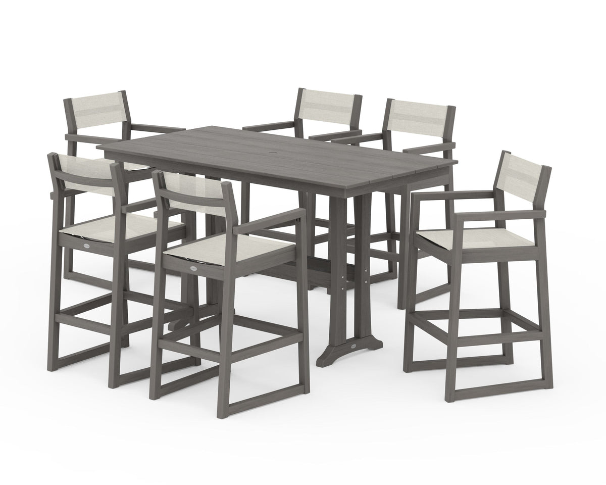 POLYWOOD EDGE Sling Arm Chair 7-Piece Farmhouse Bar Set with Trestle Legs in Driftwood / Parchment