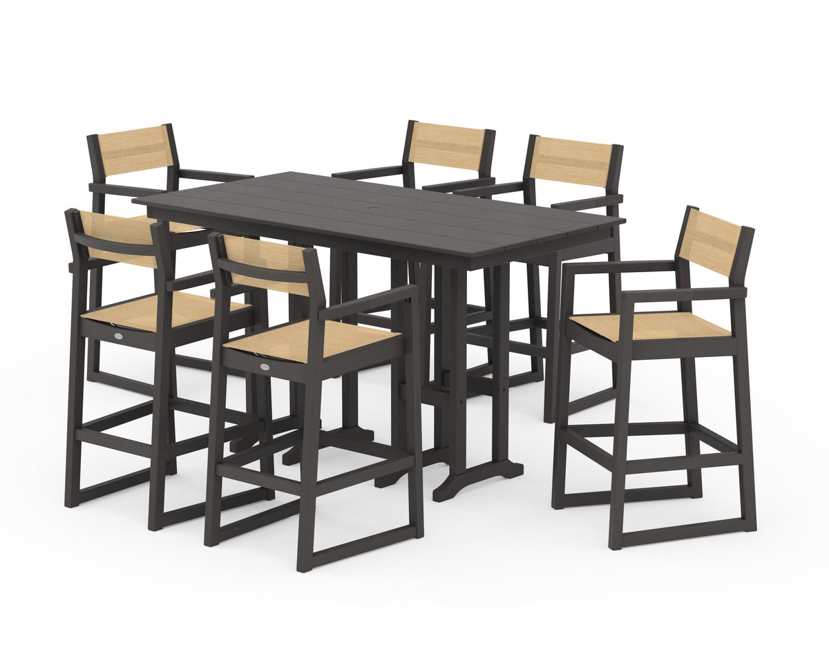 POLYWOOD EDGE Sling Arm Chair 7-Piece Farmhouse Bar Set in Vintage Coffee / Dupioni Apricot