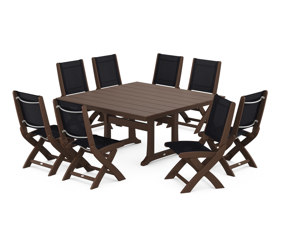 POLYWOOD Coastal Folding Side Chair 9-Piece Farmhouse Dining Set in Mahogany / Black