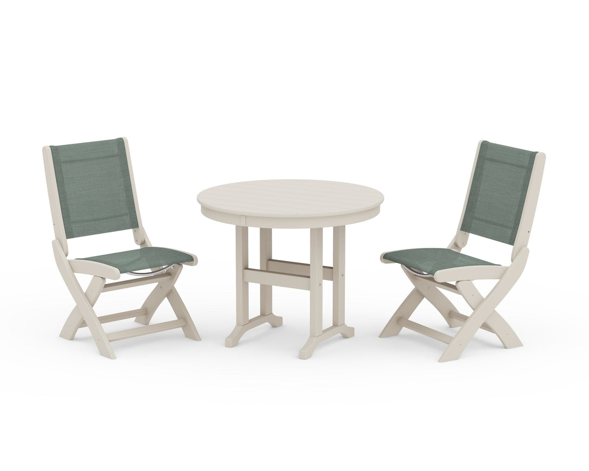 POLYWOOD Coastal Folding Side Chair 3-Piece Round Dining Set in Sand / Dupioni Sea Mist