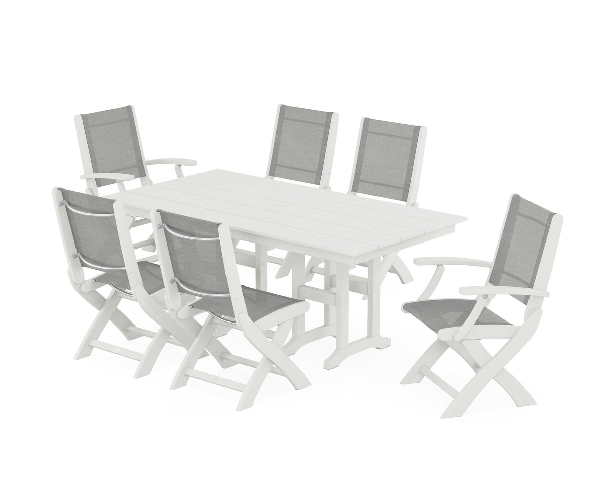 POLYWOOD Coastal Folding Chair 7-Piece Farmhouse Dining Set in Vintage White / Metallic