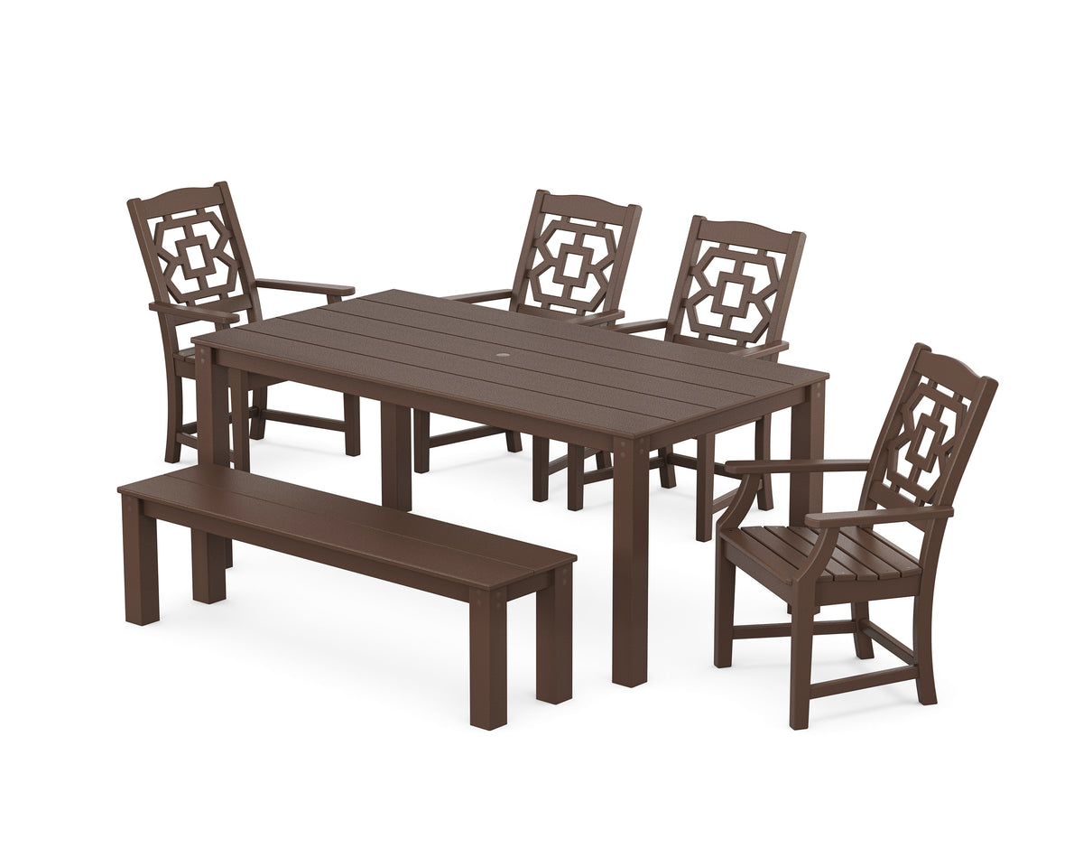 POLYWOOD Chinoiserie 6-Piece Parsons Dining Set with Bench in Mahogany