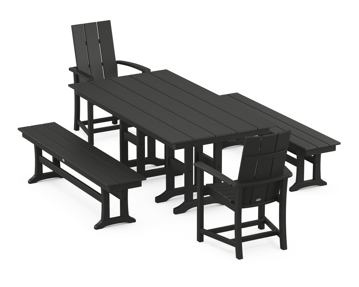 POLYWOOD Modern Adirondack 5-Piece Farmhouse Dining Set with Benches - 37" x 72" Table in Black
