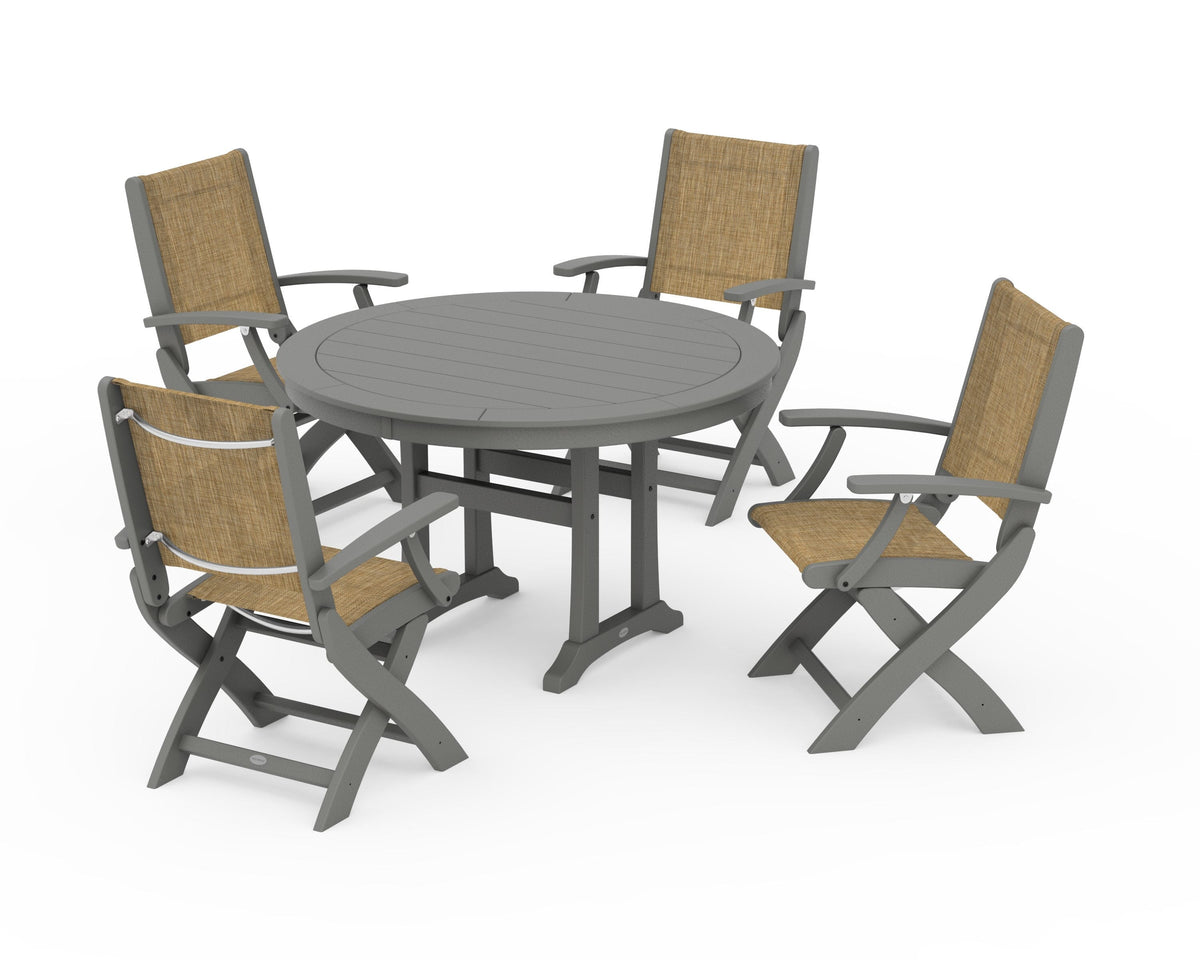 POLYWOOD Coastal Folding Chair 5-Piece Round Dining Set with Trestle Legs in Slate Grey / Burlap