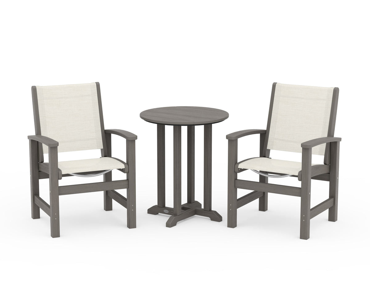 POLYWOOD Coastal 3-Piece Round Bistro Dining Set in Driftwood / Parchment