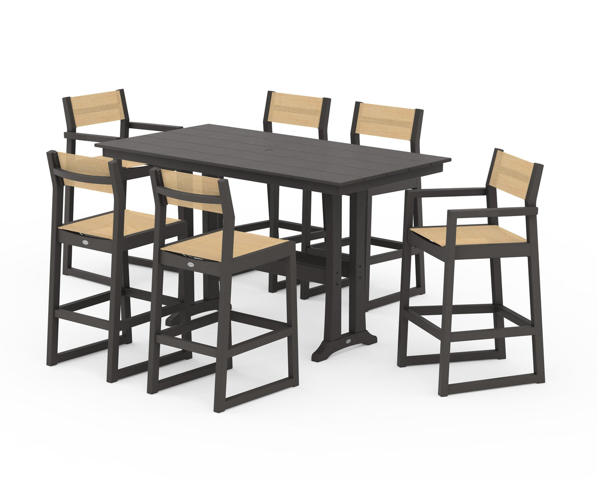 POLYWOOD EDGE Sling 7-Piece Farmhouse Bar Set with Trestle Legs in Vintage Coffee / Dupioni Apricot