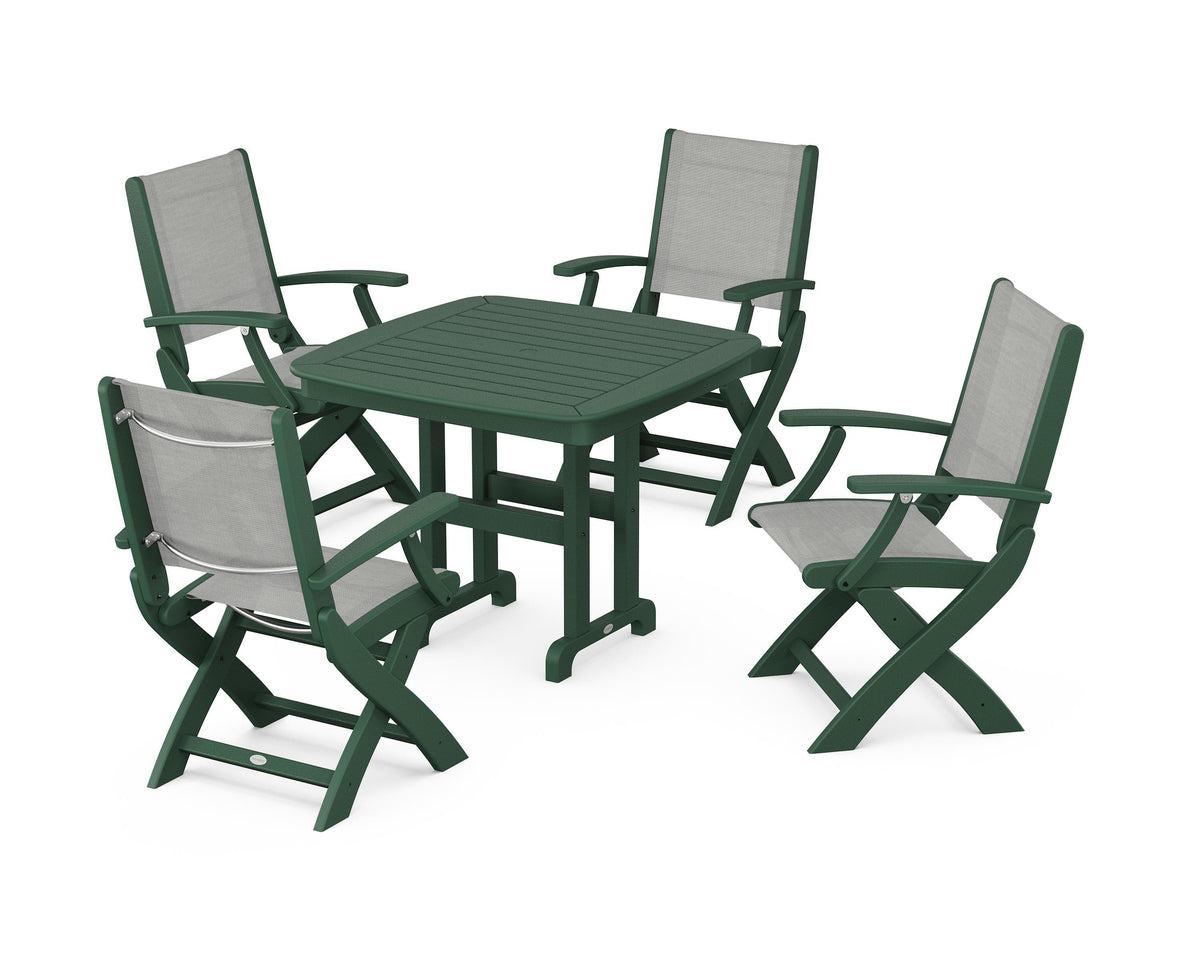 POLYWOOD Coastal Folding Chair 5-Piece Dining Set with Nautical 37" Dining Table in Green / Metallic