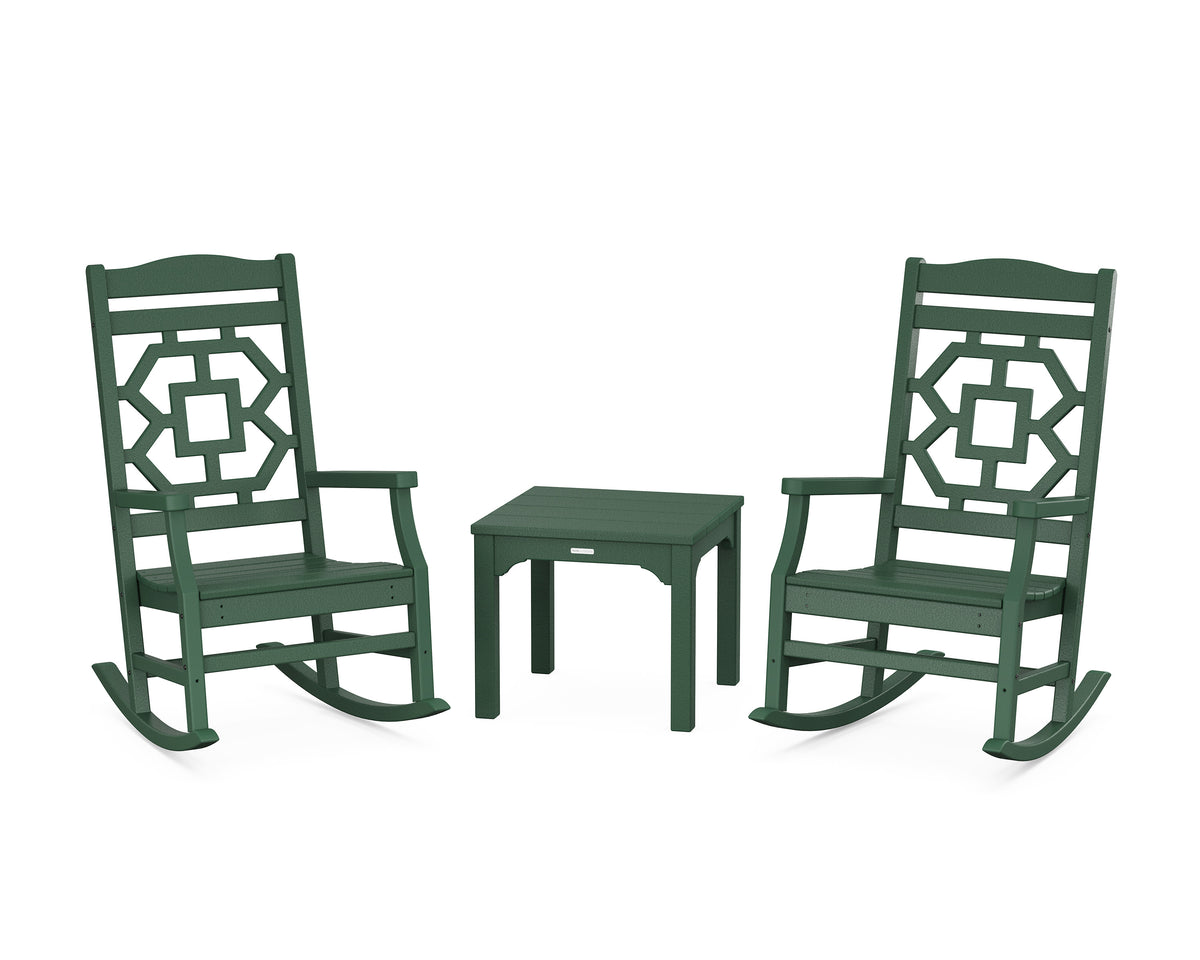 POLYWOOD Chinoiserie 3-Piece Rocking Chair Set in Green