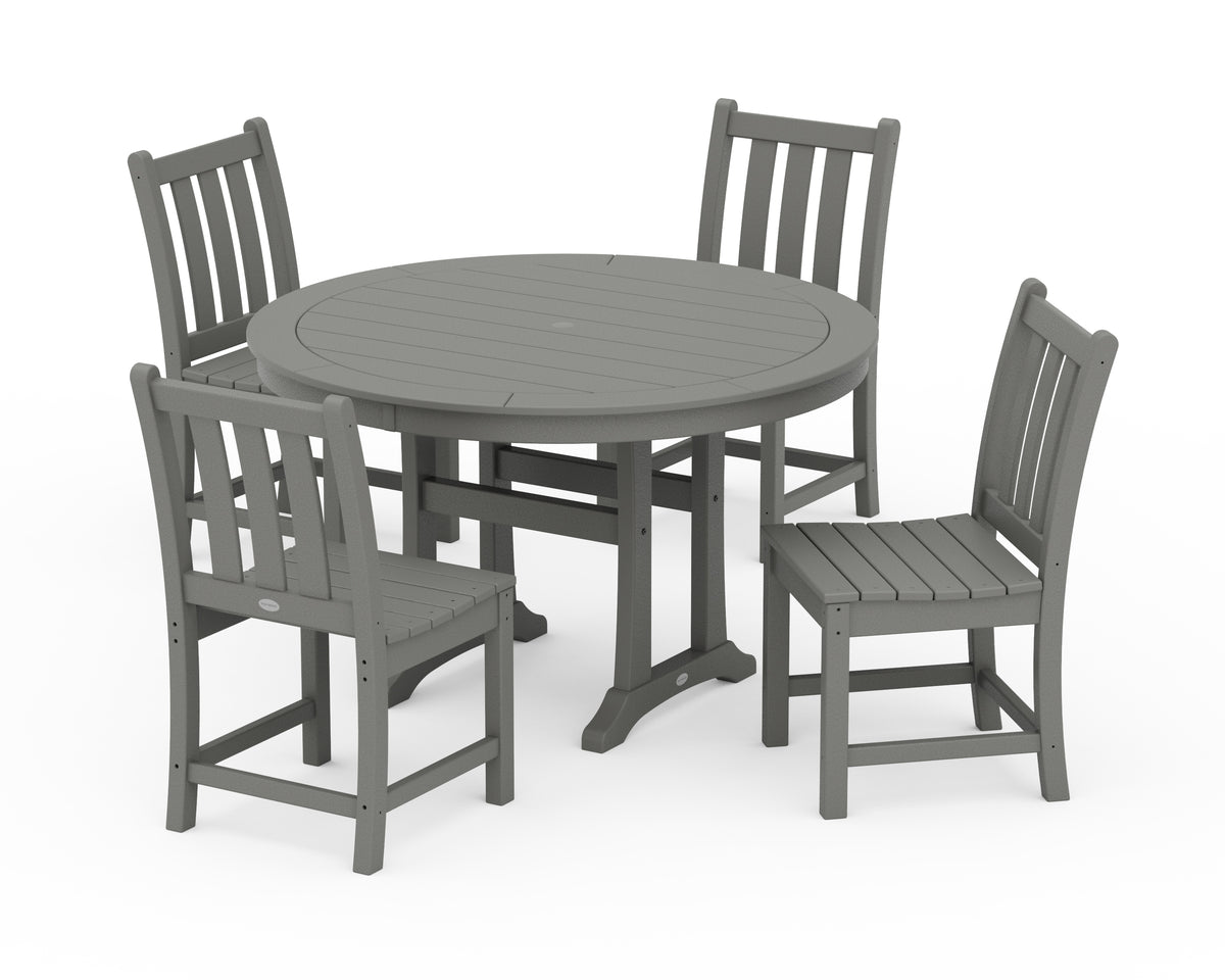 POLYWOOD Traditional Garden Side Chair 5-Piece Round Dining Set with Trestle Legs in Slate Grey