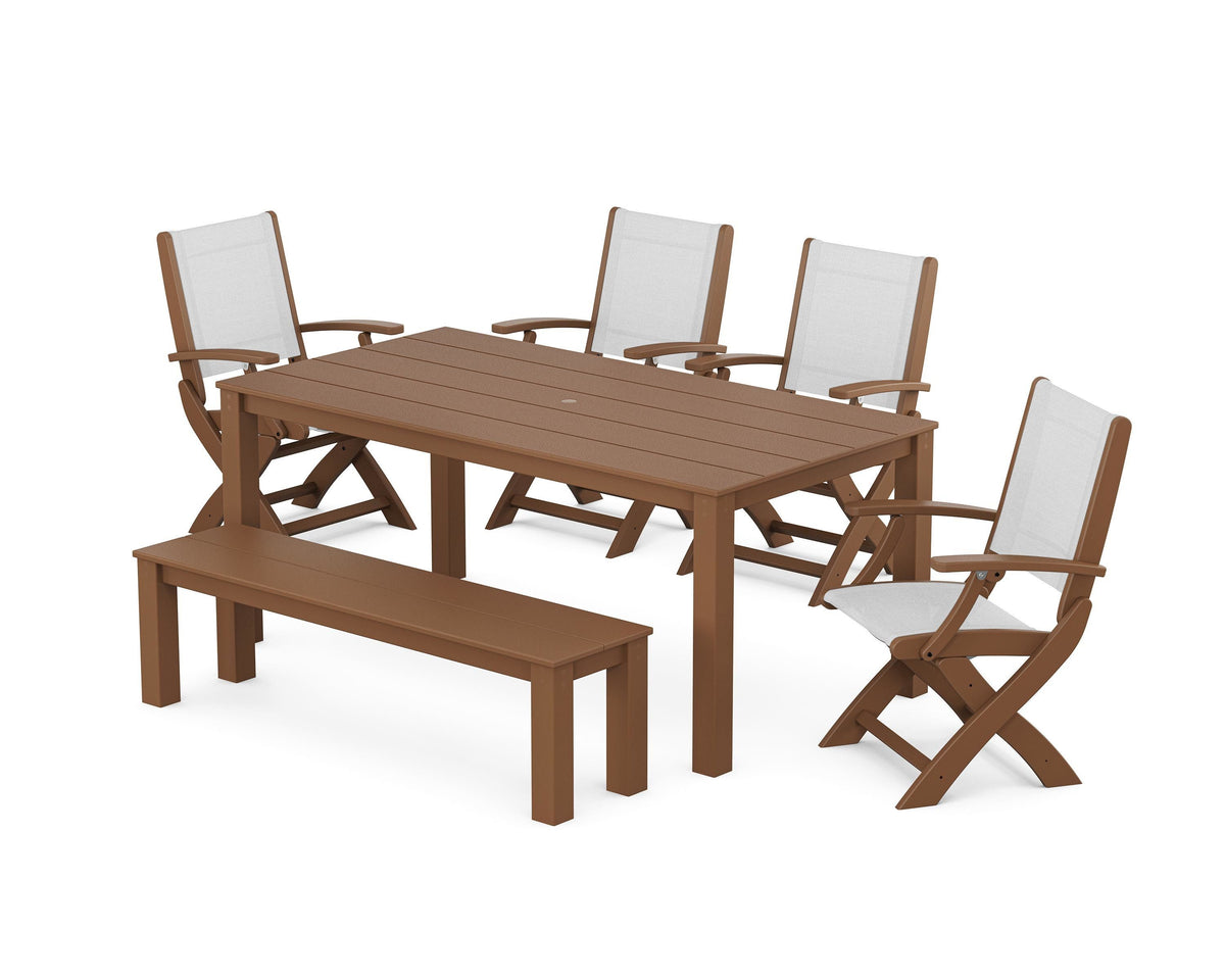 POLYWOOD Coastal Folding Chair 6-Piece Parsons Dining Set with Bench in Teak / White