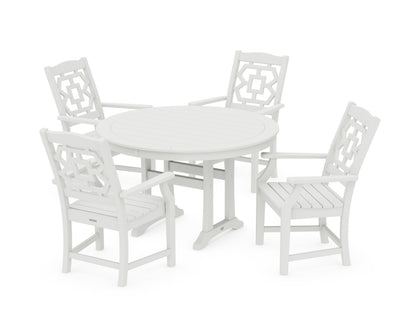 POLYWOOD Chinoiserie 5-Piece Round Dining Set with Trestle Legs in Vintage White