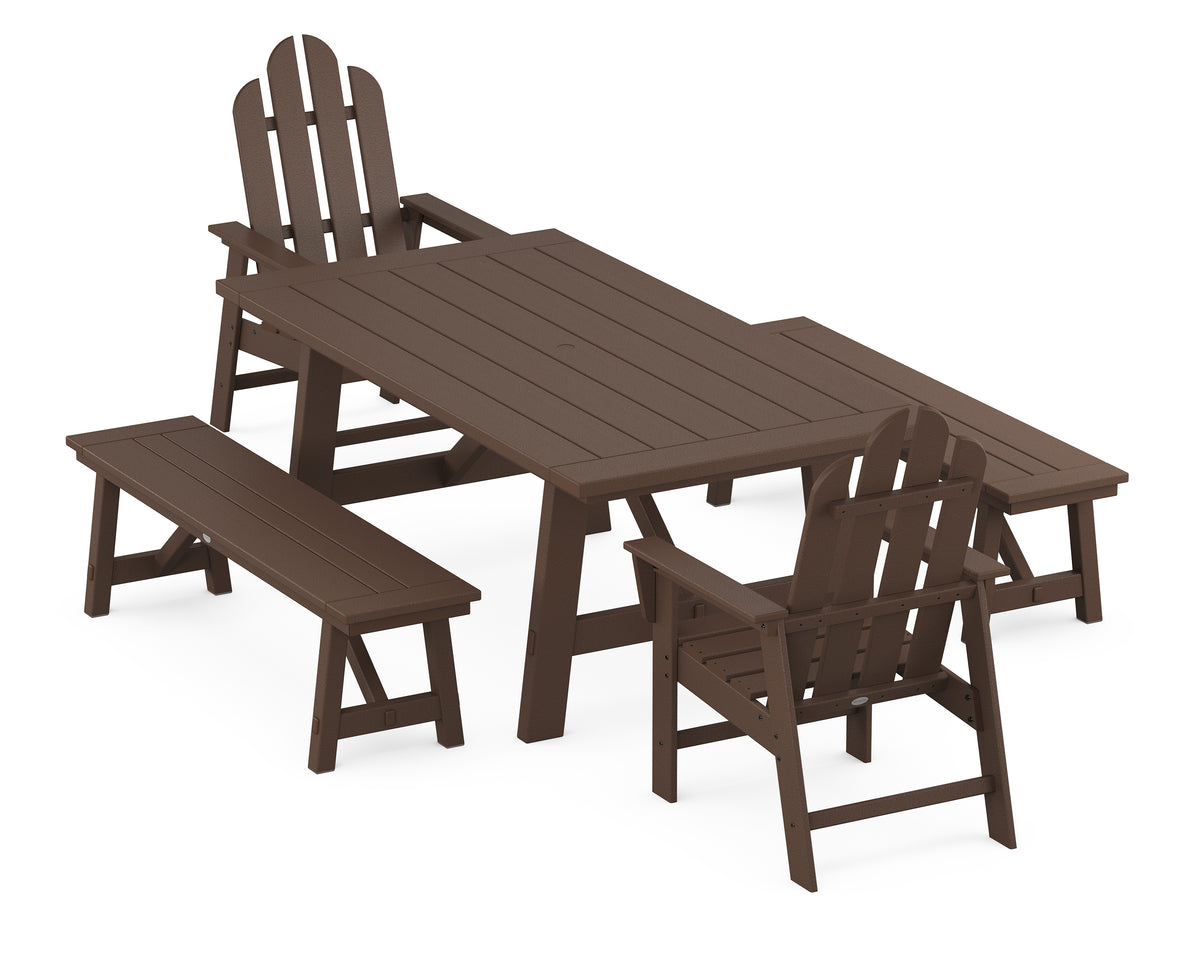 POLYWOOD Long Island 5-Piece Rustic Farmhouse Dining Set with Benches in Mahogany