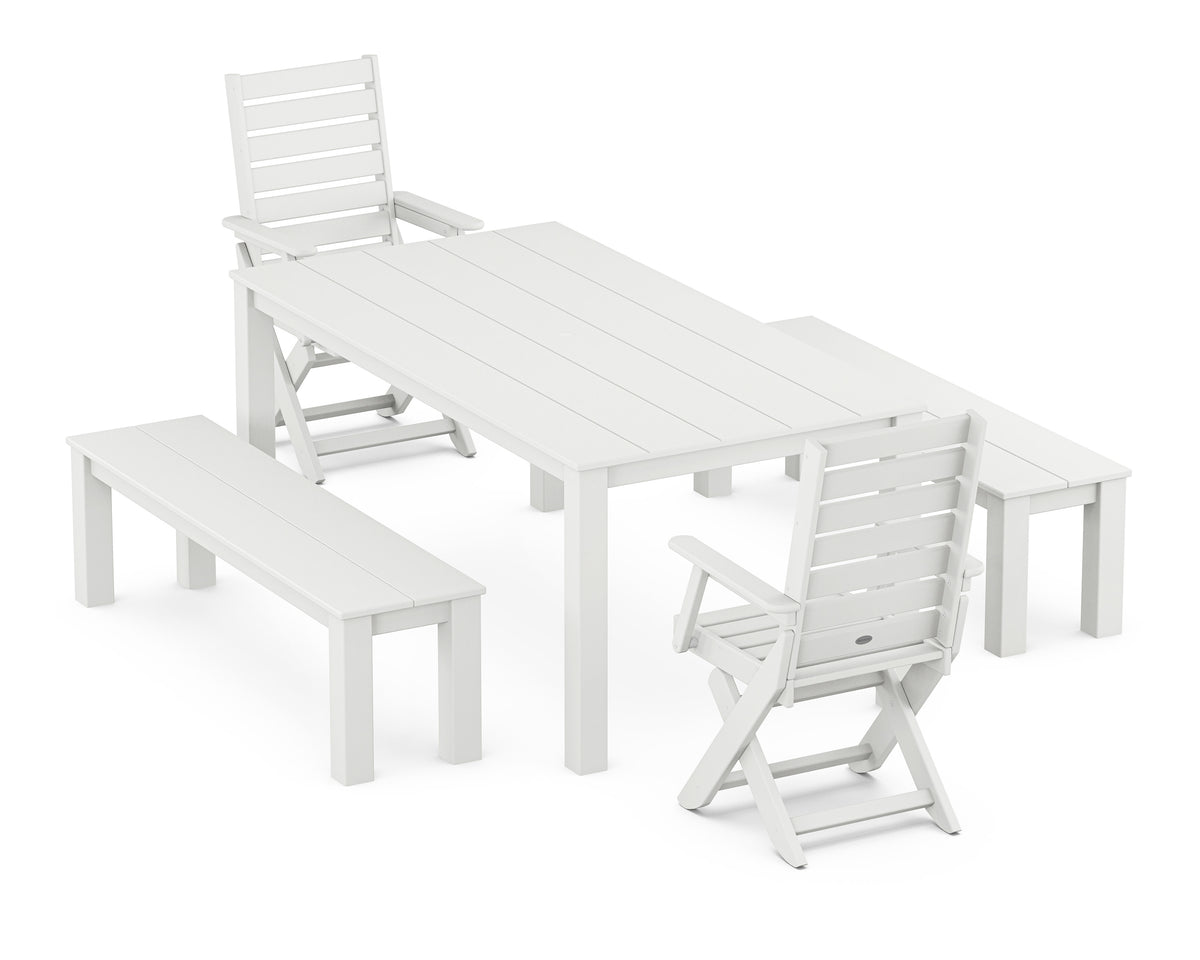 POLYWOOD Captain Folding Chair 5-Piece Parsons Dining Set with Benches in White