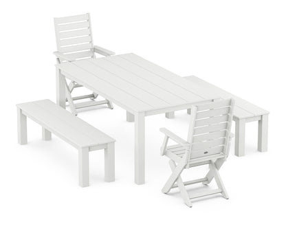 POLYWOOD Captain Folding Chair 5-Piece Parsons Dining Set with Benches in White