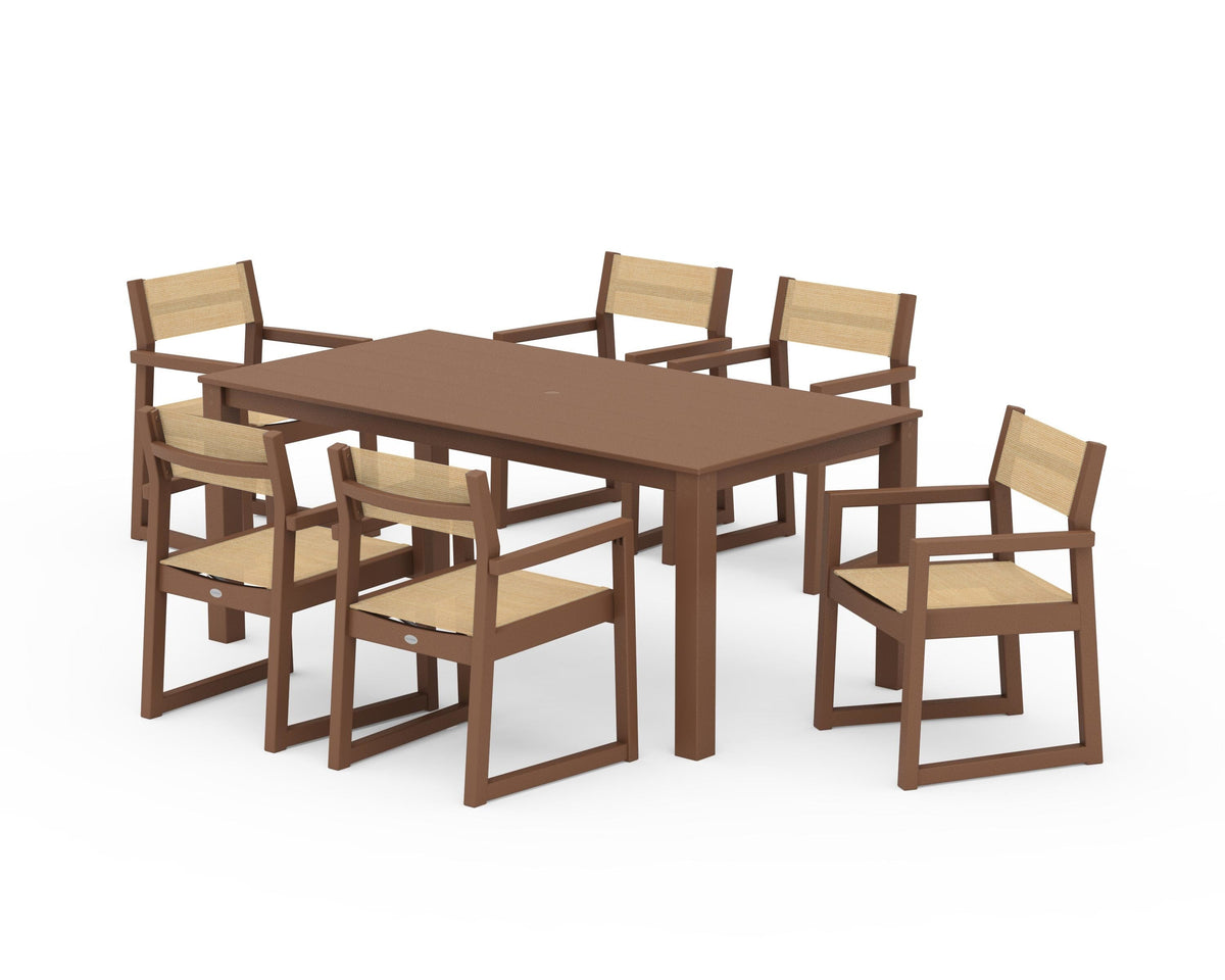 POLYWOOD EDGE Sling Arm Chair 7-Piece Parsons Dining Set in Teak / Dupioni Apricot