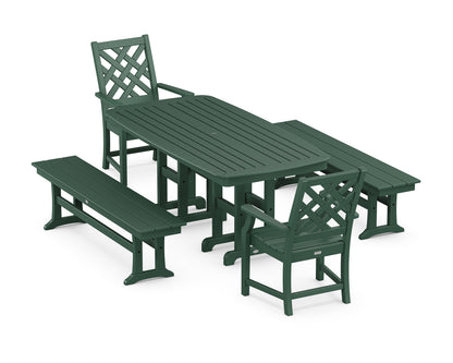 POLYWOOD Wovendale 5-Piece Dining Set with Benches in Green