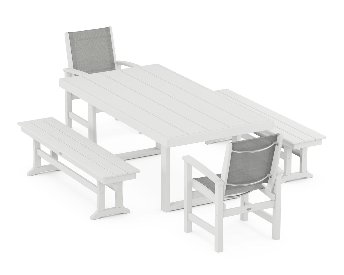 POLYWOOD Coastal 5-Piece Dining Set with Trestle Legs with EDGE 40" x 78" Dining Table in White / Metallic