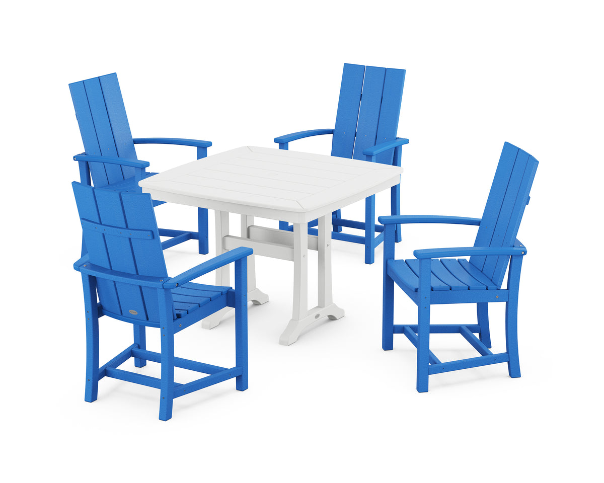 POLYWOOD Modern Adirondack 5-Piece Dining Set with Trestle Legs with Modern Adirondack Dining Chair in Pacific Blue / White
