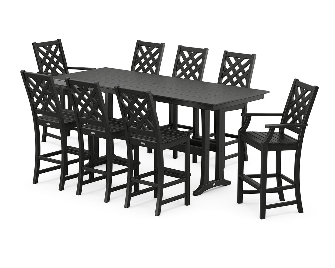 POLYWOOD Country Living Wovendale 9-Piece Farmhouse Bar Set with Trestle Legs in Black