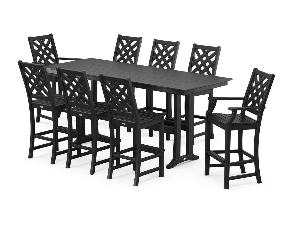 POLYWOOD Country Living Wovendale 9-Piece Farmhouse Bar Set with Trestle Legs in Black