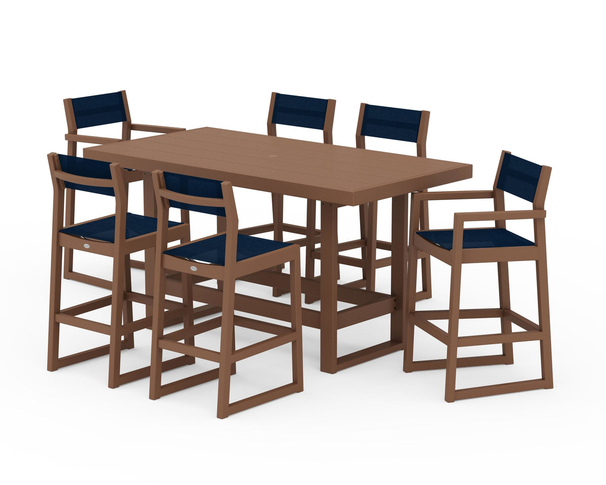 POLYWOOD EDGE Sling 7-Piece Bar Table Set in Teak / Navy Blue