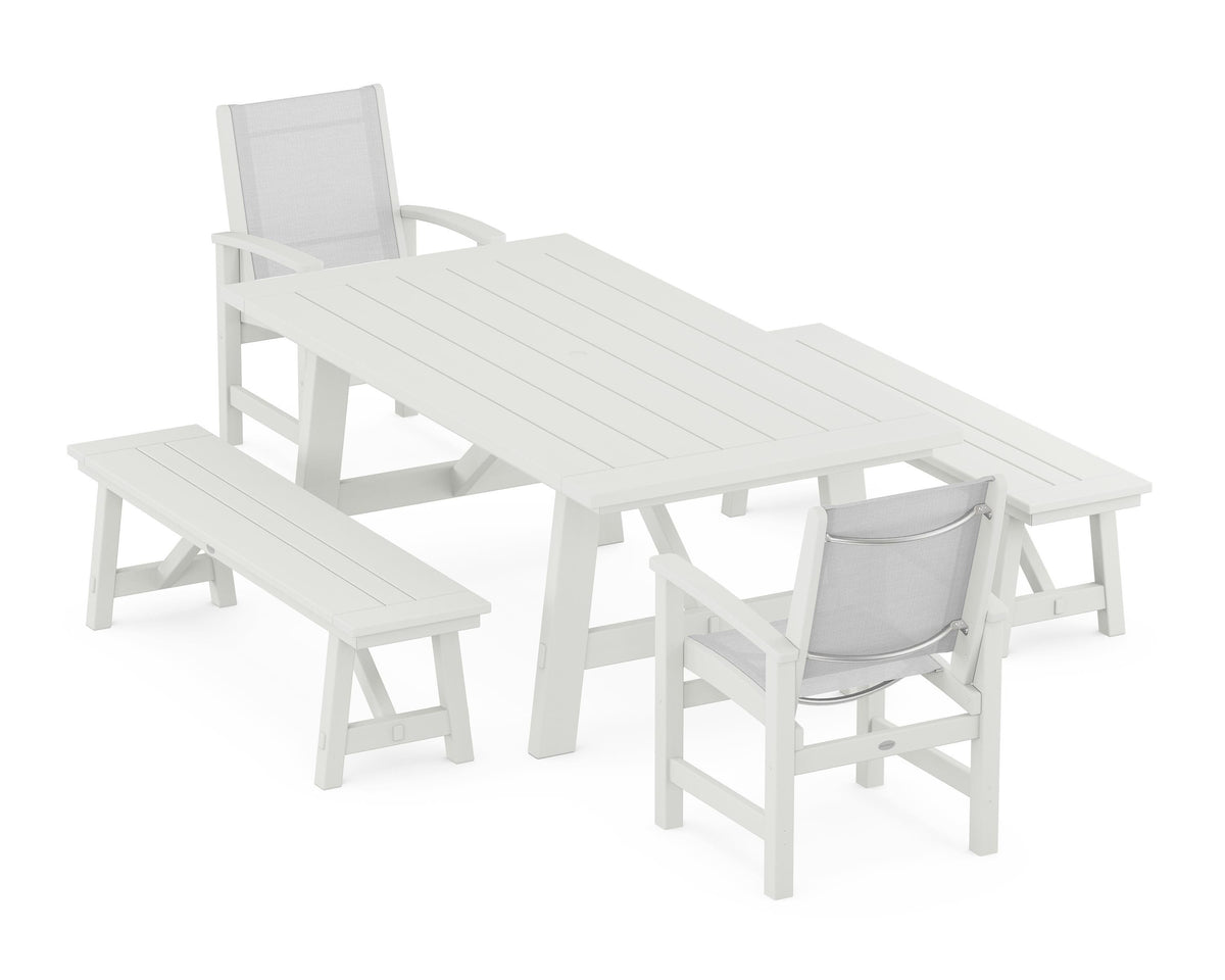 POLYWOOD Coastal 5-Piece Rustic Farmhouse Dining Set With Benches in Vintage White / White