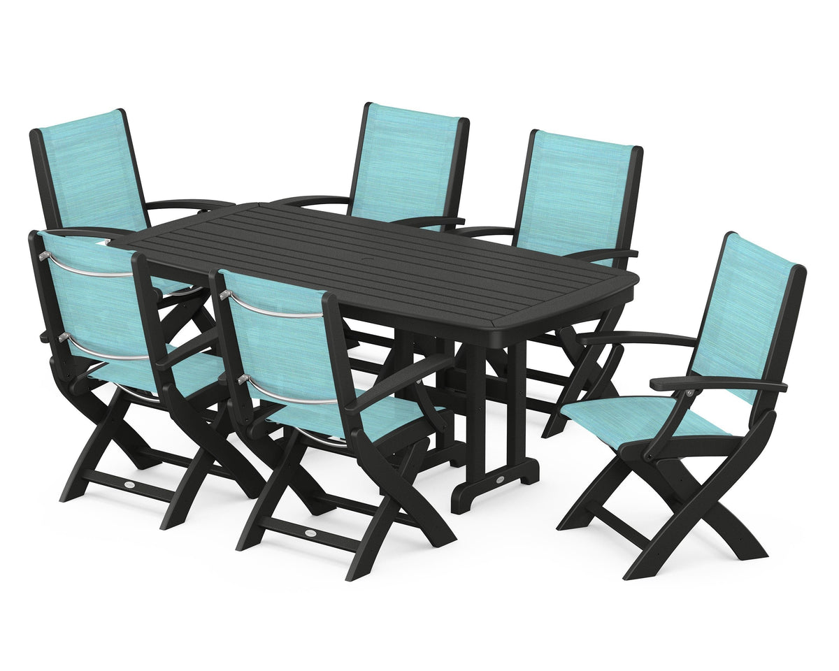 POLYWOOD Coastal Folding Arm Chair 7-Piece Dining Set in Black / Dupioni Aquamarine