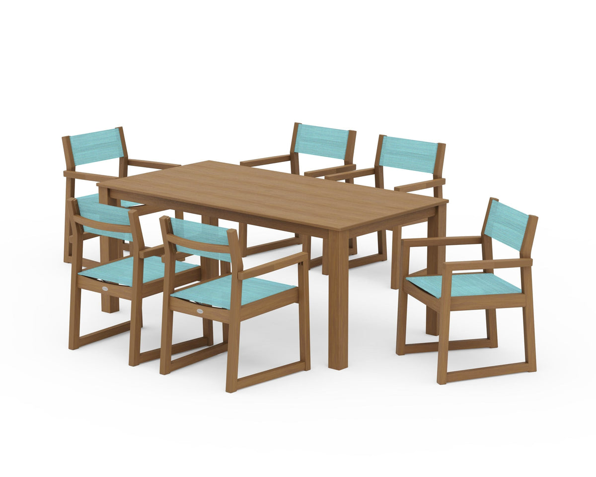 POLYWOOD EDGE Sling Arm Chair 7-Piece Parsons Dining Set in Natural / Dupioni Aquamarine