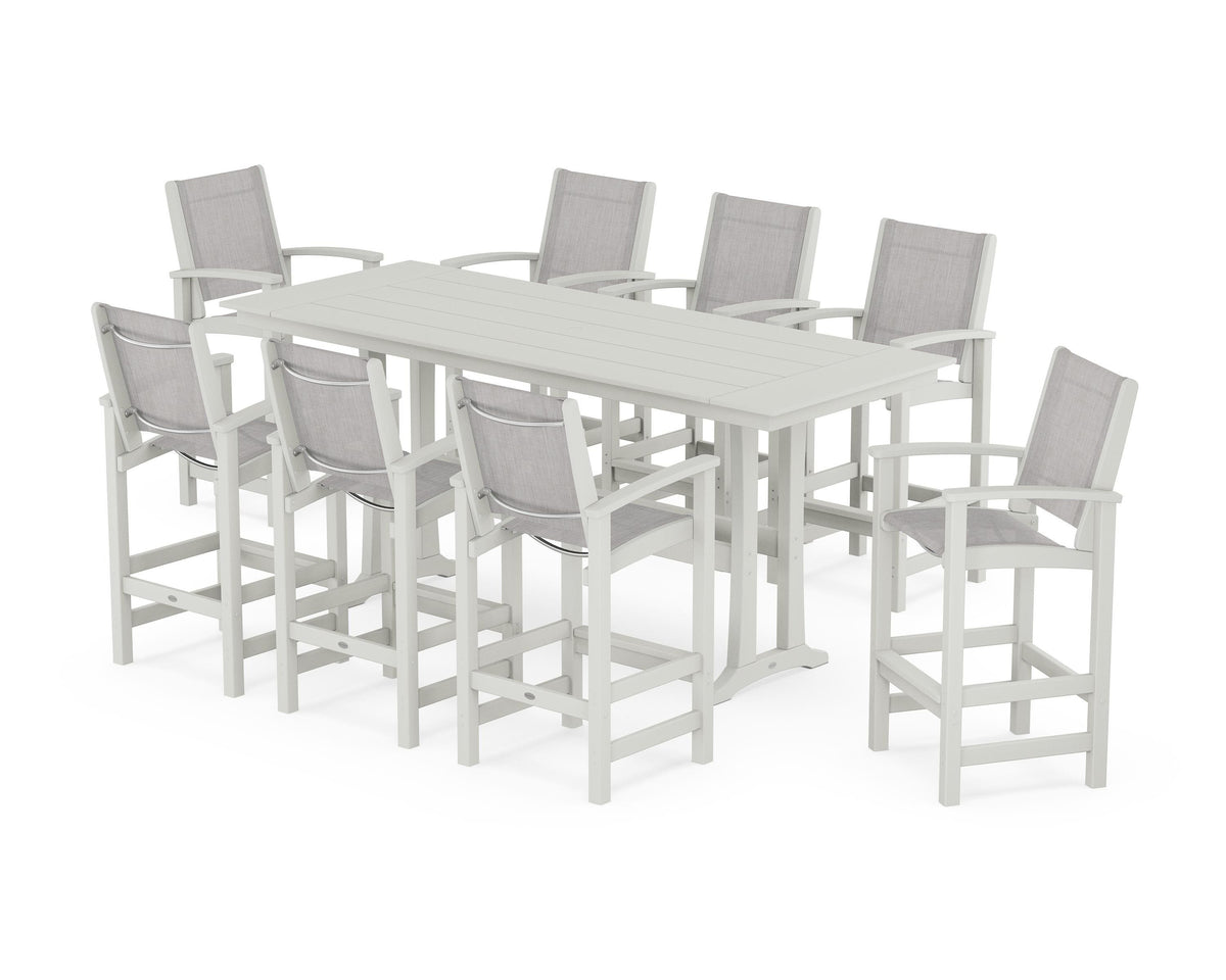POLYWOOD Coastal 9-Piece Farmhouse Bar Set with Trestle Legs in Vintage White / Parchment