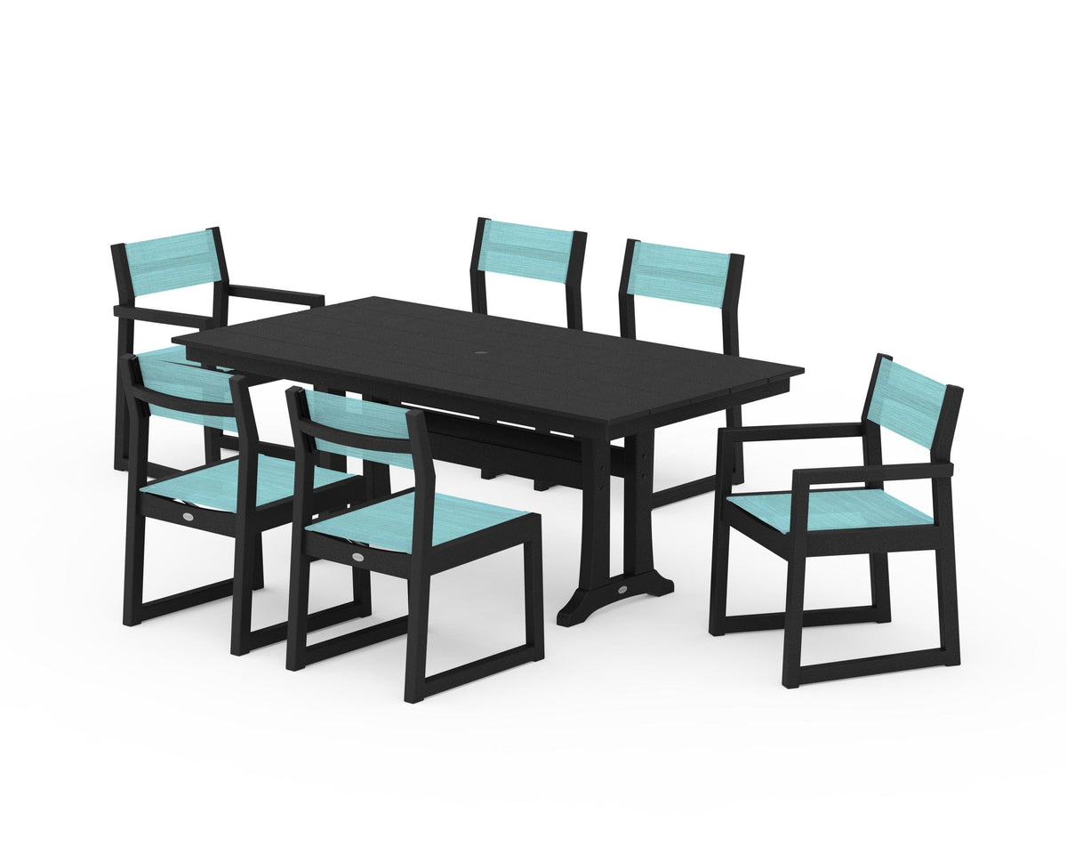 POLYWOOD EDGE Sling 7-Piece Farmhouse Trestle Dining Set in Black / Dupioni Aquamarine