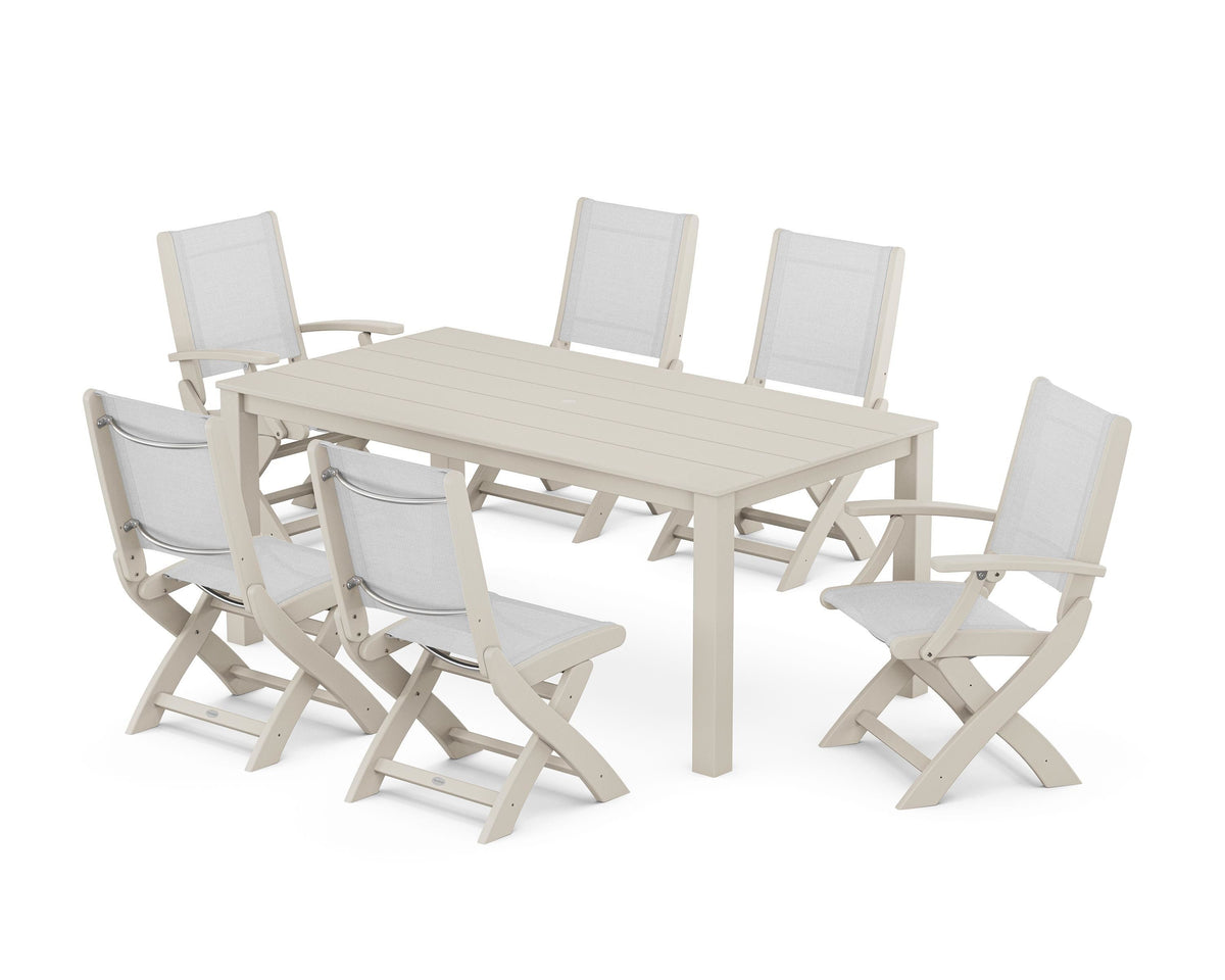 POLYWOOD Coastal Folding Chair 7-Piece Parsons Dining Set with Coastal Folding Side Chair in Sand / White